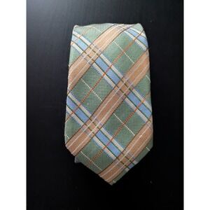 JZ RICHARDS Boulder Tie Men Silk Pastel Green Orange Check Stripe 62" USA MADE